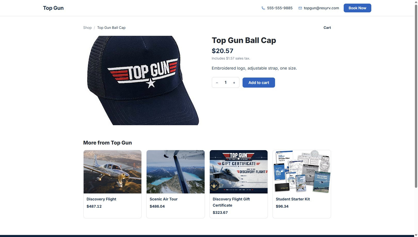 Product page with photo, price, quantity stepper, and add to cart