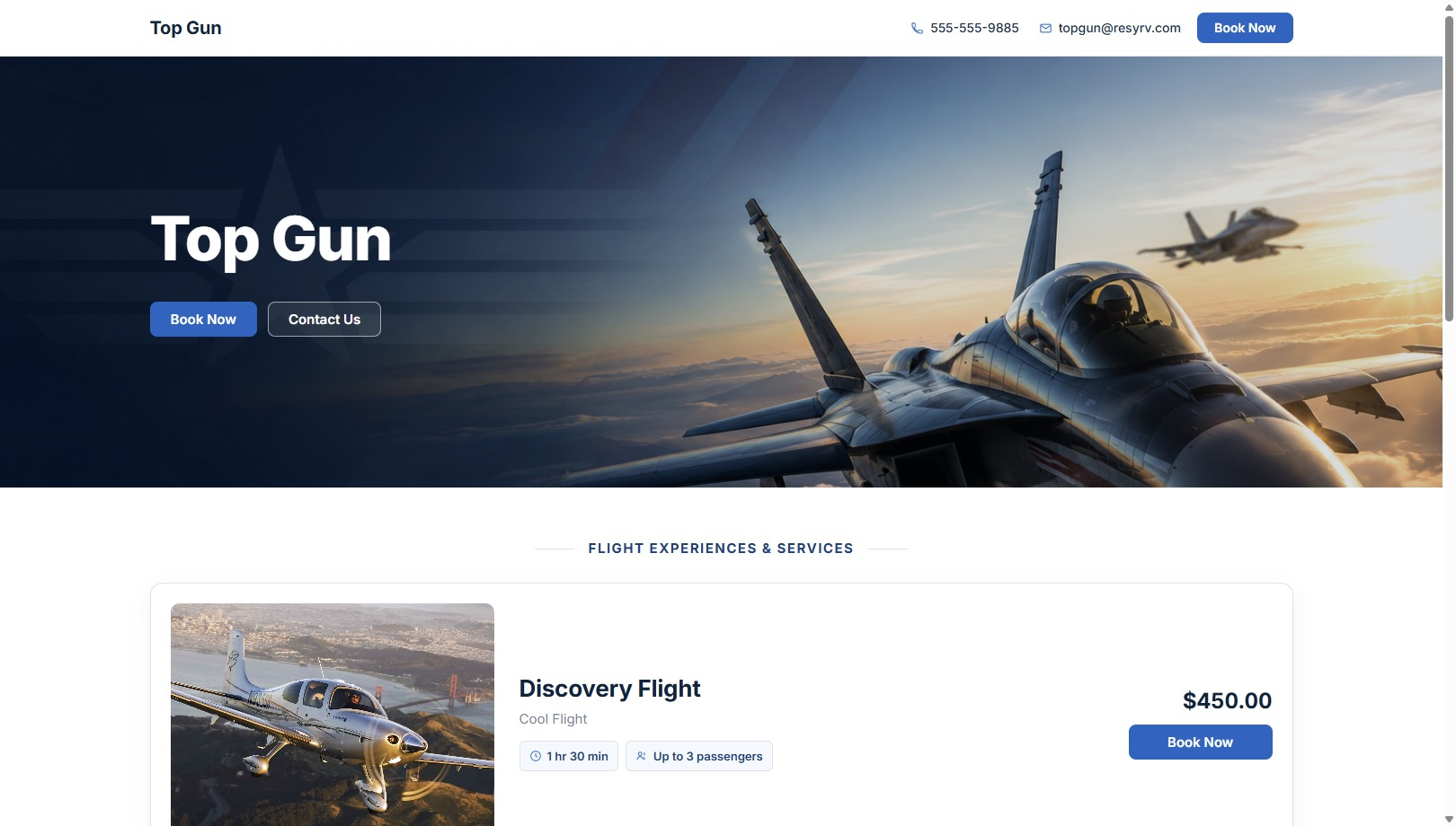 Public Top Gun shop page with branded hero and featured experience