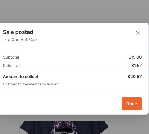 Sale posted confirmation with subtotal, sales tax, and amount to collect
