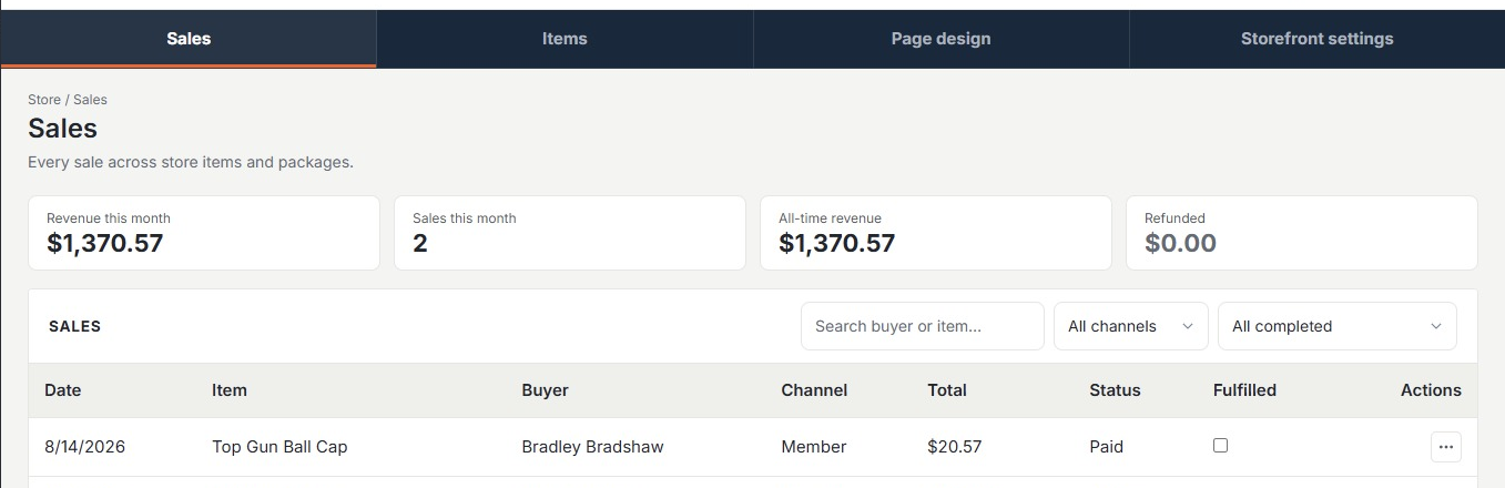 Sales dashboard with revenue stat cards and order list