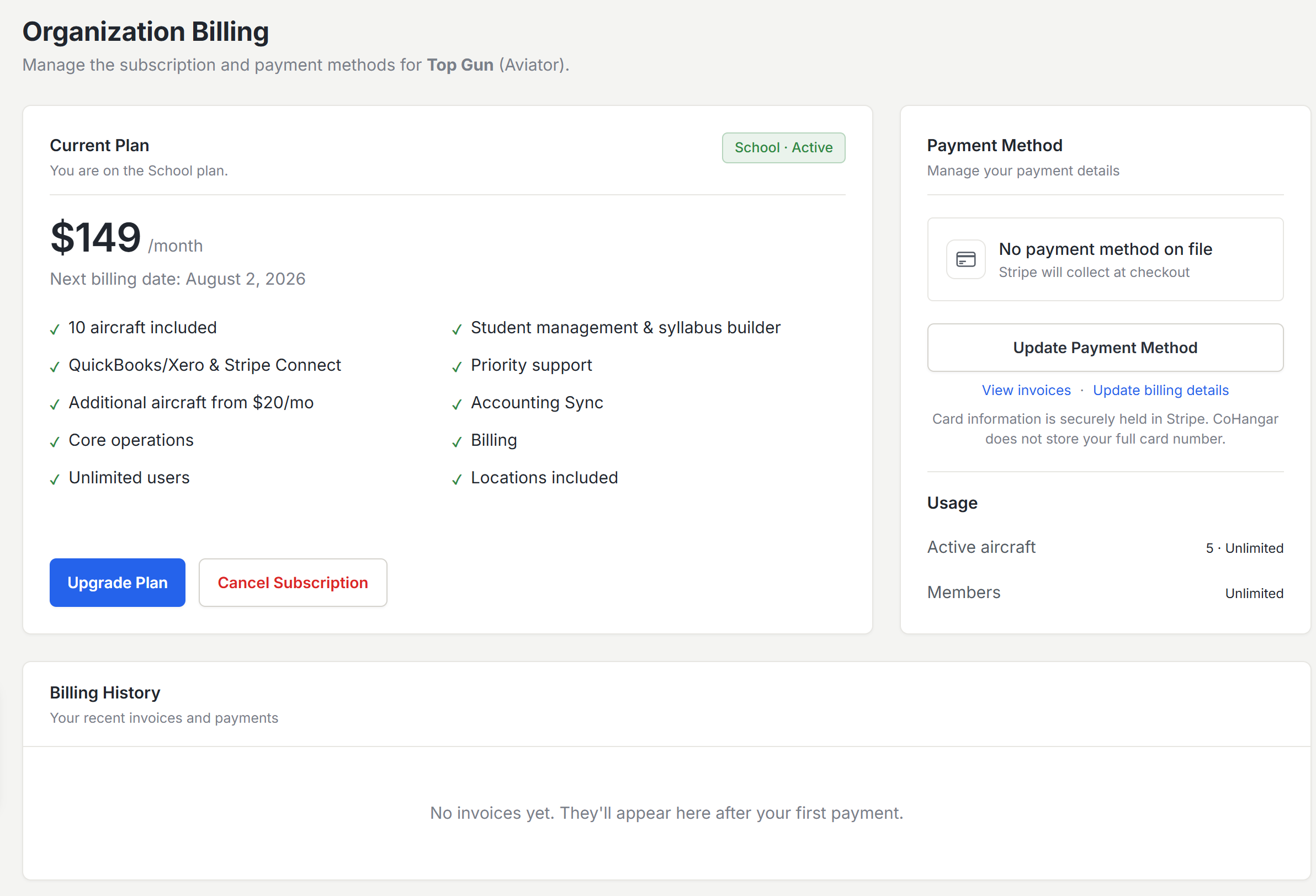 Organization billing and subscription page