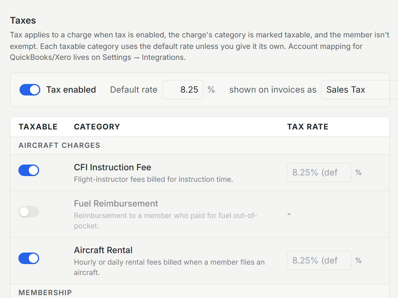 Taxes settings with a default rate and per-category table