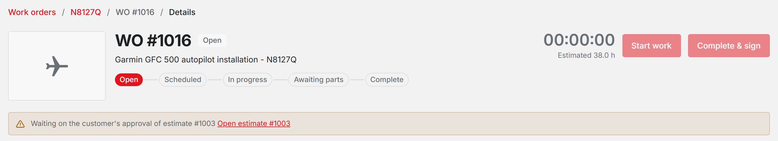 A work order page with a yellow notice saying it is waiting on the customer’s approval of the estimate, with an Open estimate link, and Start work greyed out