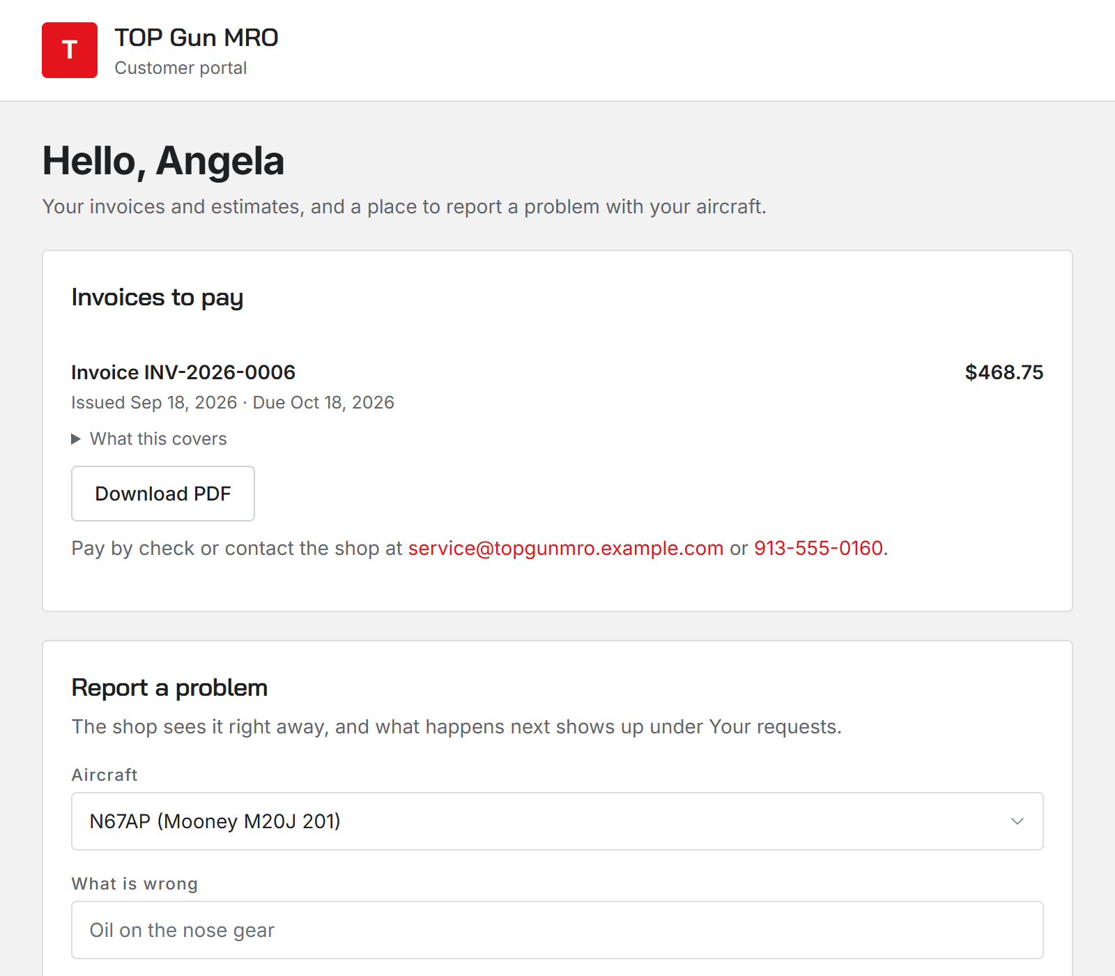 The customer portal page with the shop name, the Invoices to pay list, and the Report a problem form below