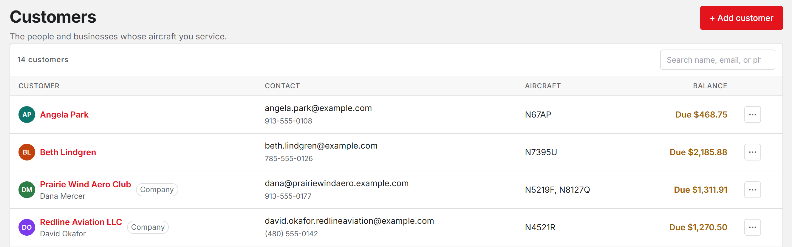 The Customers page with a search box and rows showing customer names, contact details, tail numbers, and balances, one marked Company
