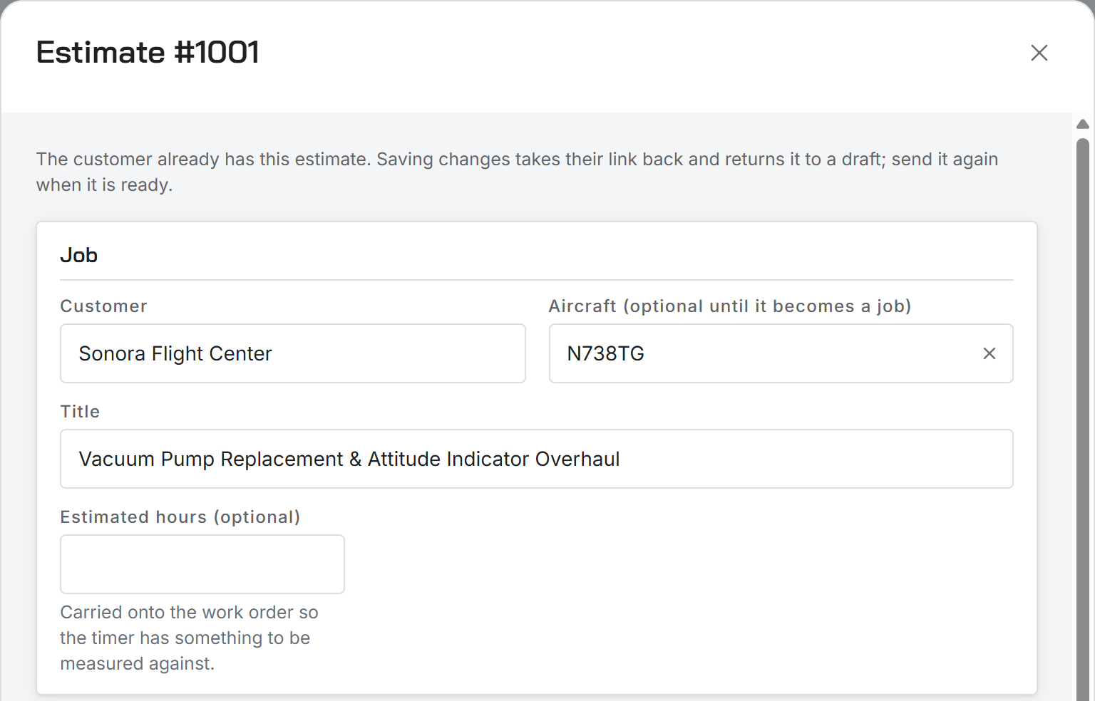 The estimate editor with a notice saying saving changes takes the customer’s link back and returns the estimate to a draft