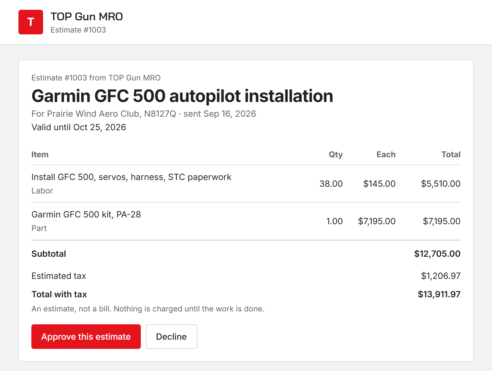 The public estimate page with the shop logo, estimate title, line items table, total with tax, and the Approve this estimate and Decline buttons