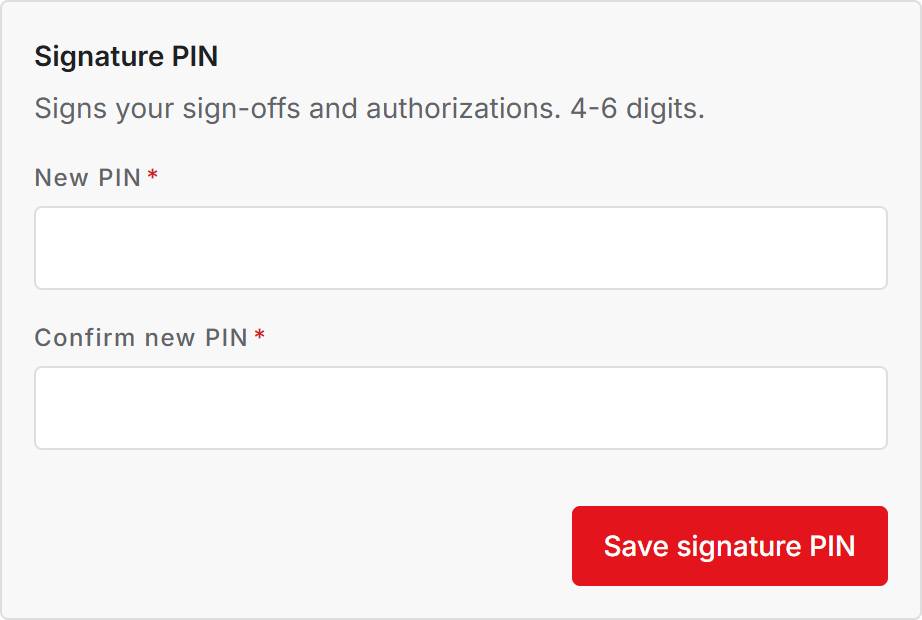 The Signature PIN tile on the My account Security tab for someone setting their first PIN, with New PIN and Confirm new PIN fields