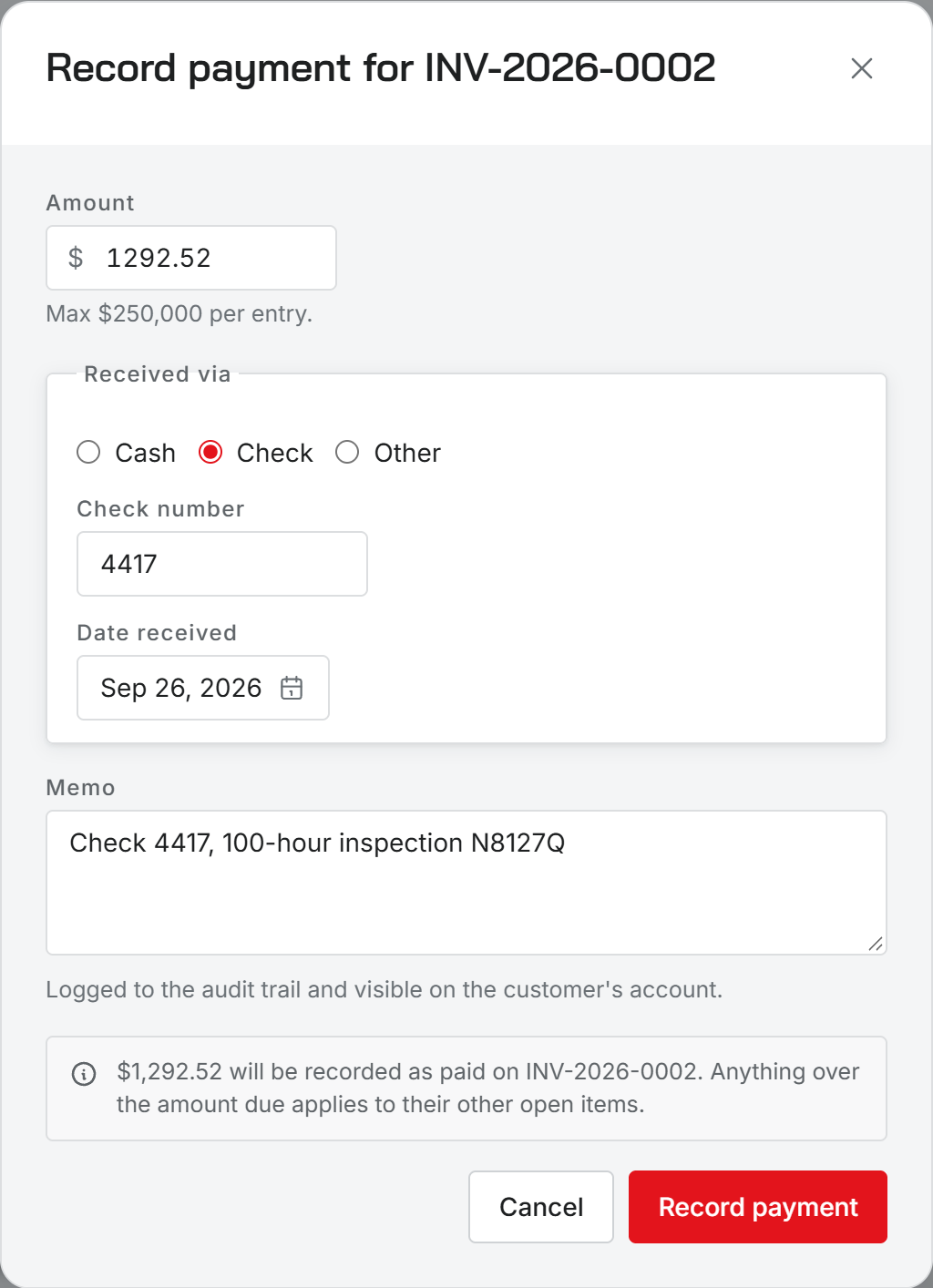 The Record payment window with amount, Received via choices Cash, Check and Other, check number, date received and memo