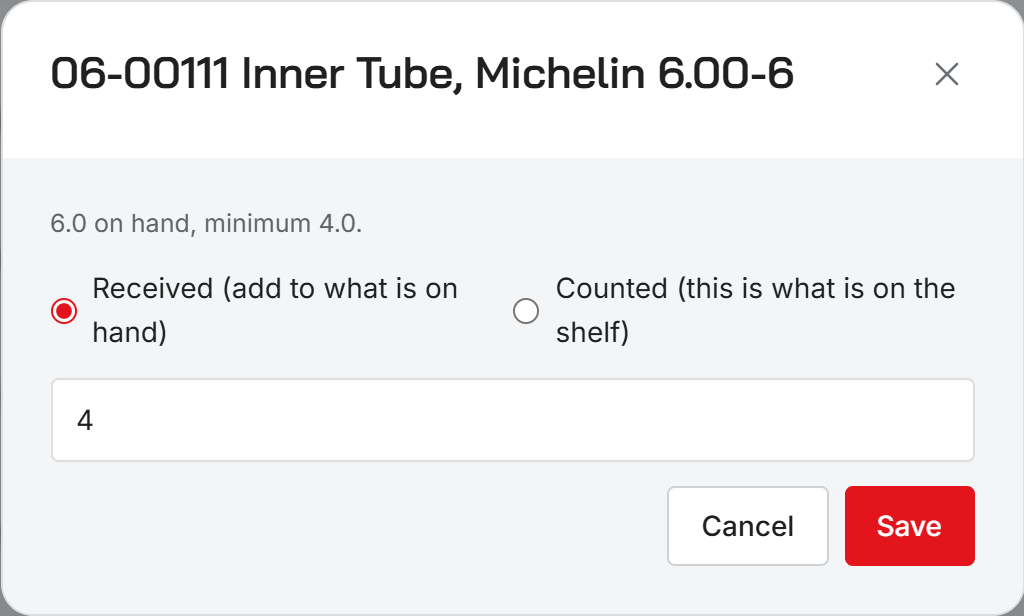 The Receive / count window for a part, showing the on-hand and minimum line and the Received and Counted choices