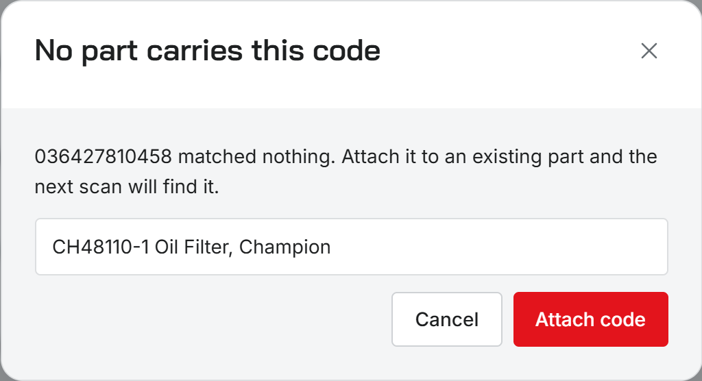 The window titled No part carries this code, with a part picker and an Attach code button