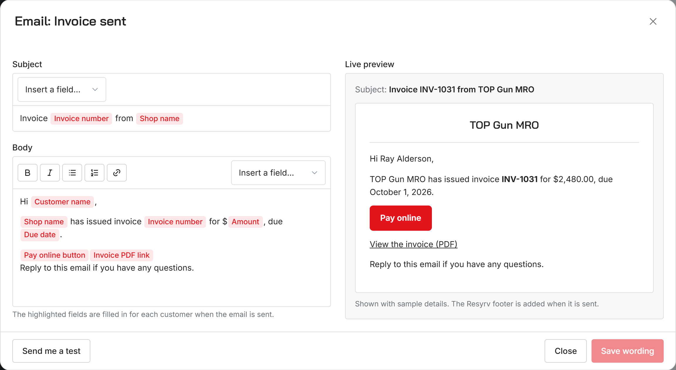 The email wording window for Invoice sent, with subject and body on the left and a live preview on the right