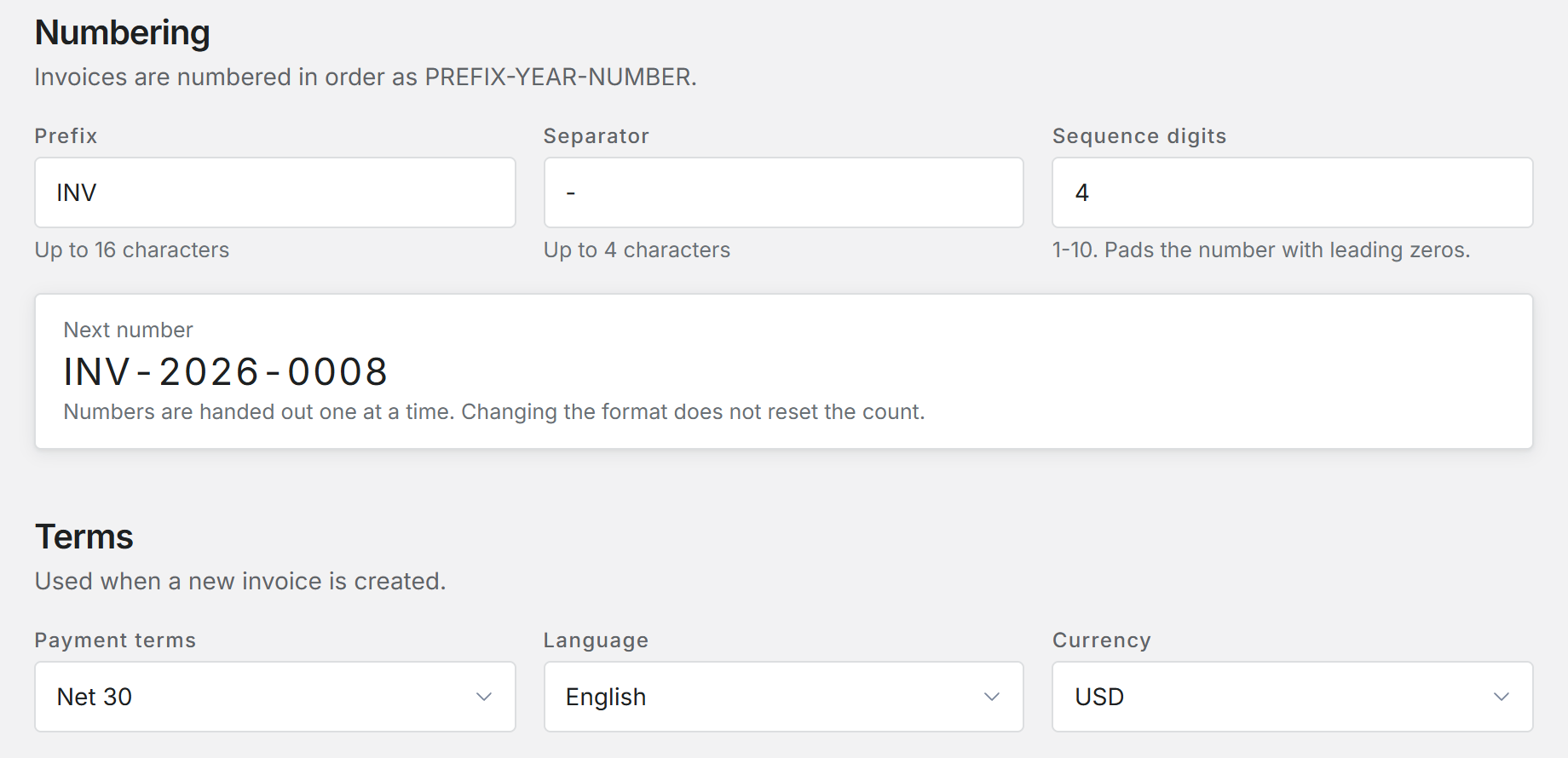 The Invoicing section of Shop settings showing Numbering with the next number preview, and Terms