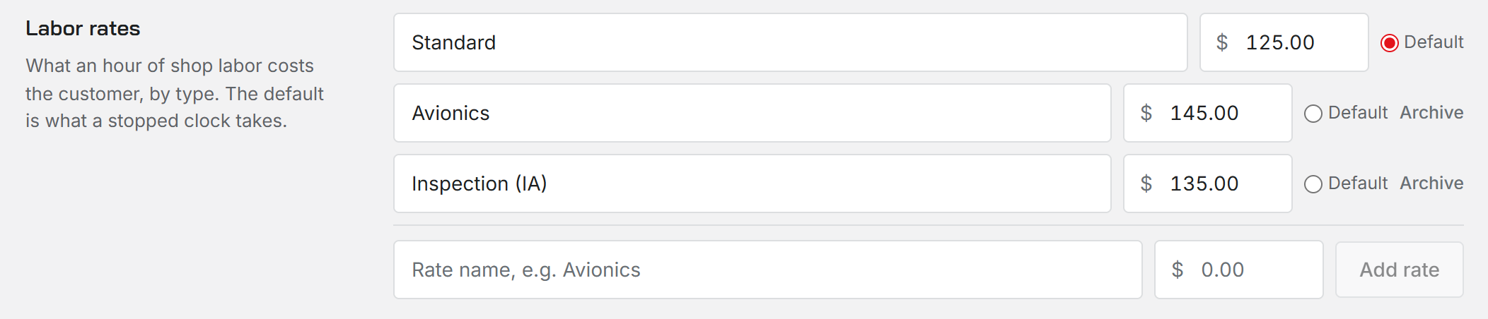The Labor rates card in Shop settings with three named rates, one marked Default, and the Add rate row