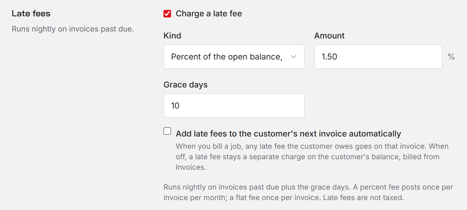 The Late fees card in Shop settings with Charge a late fee ticked, a percent kind, an amount, grace days, and the next invoice checkbox