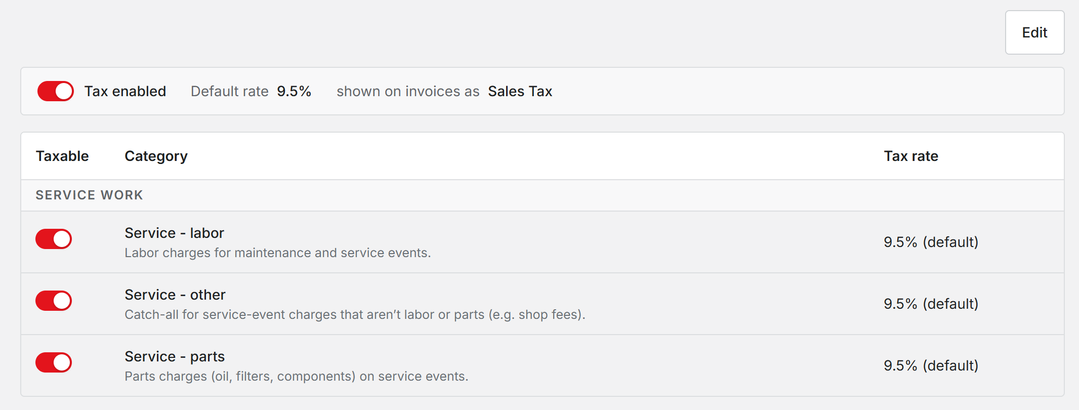 The Sales tax settings with tax enabled, a default rate, the invoice label, and the three service rows