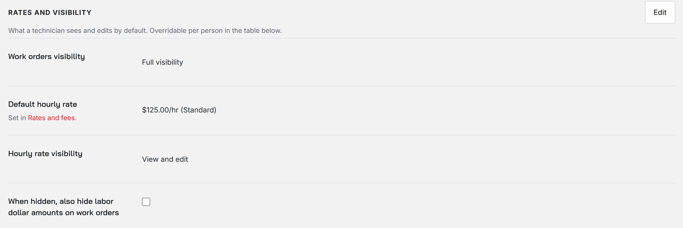The Rates and visibility block on the Staff Users tab showing Work orders visibility, Default hourly rate, Hourly rate visibility and the hide labor dollar amounts switch