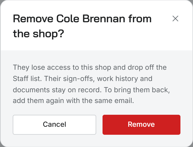 The Remove from the shop? confirmation on a technician record, explaining that their sign-offs, work history and documents stay on record