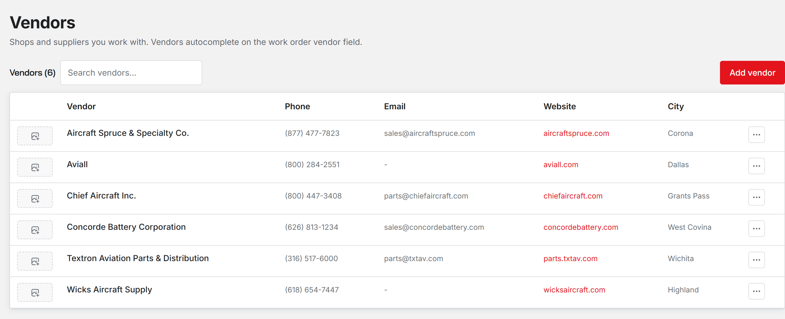 The Vendors list with logo, vendor name, phone, email, website and city columns