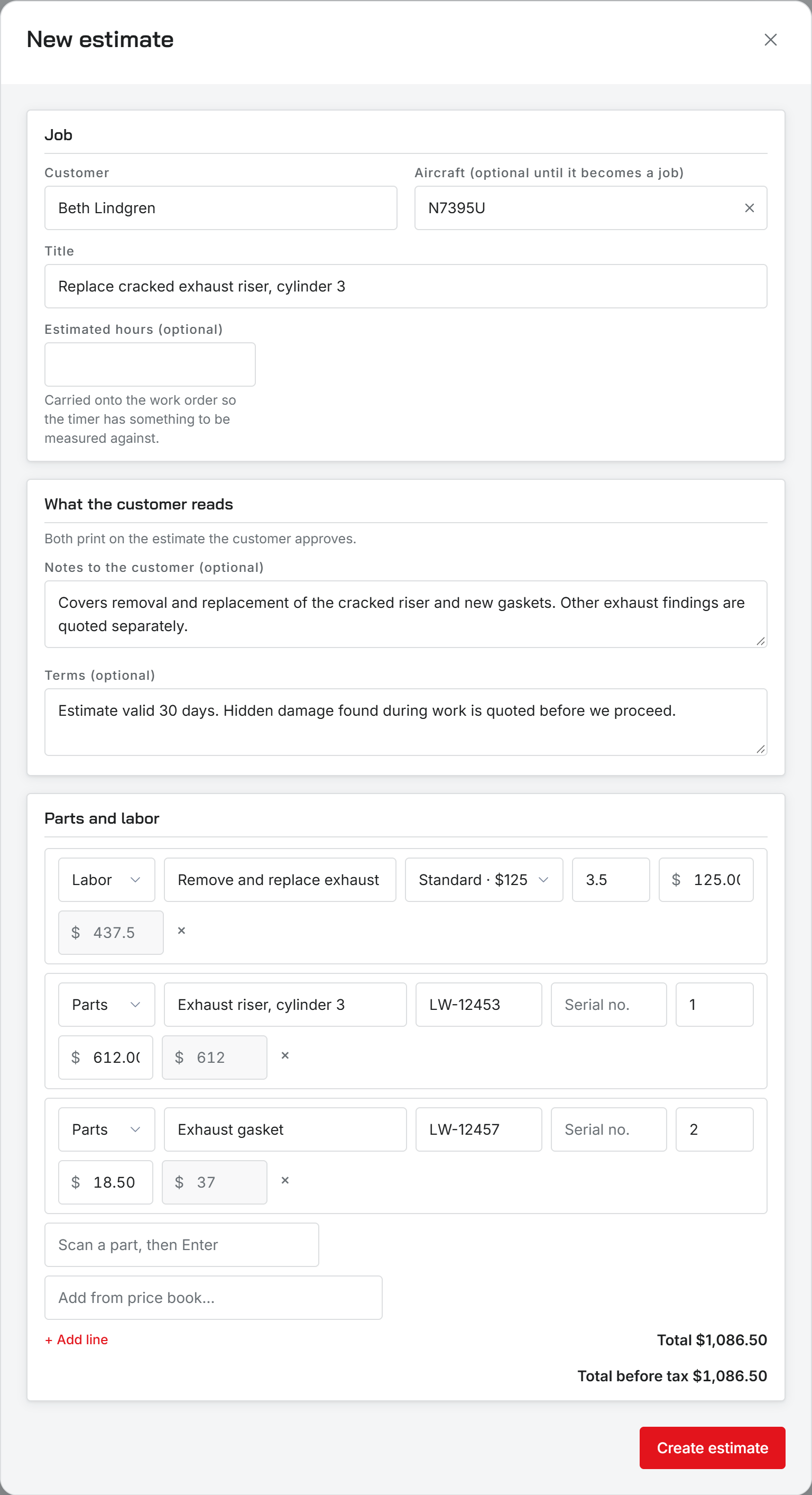 The New estimate dialog with a customer, aircraft, and title filled in, parts and labor lines below, and the total before tax at the bottom