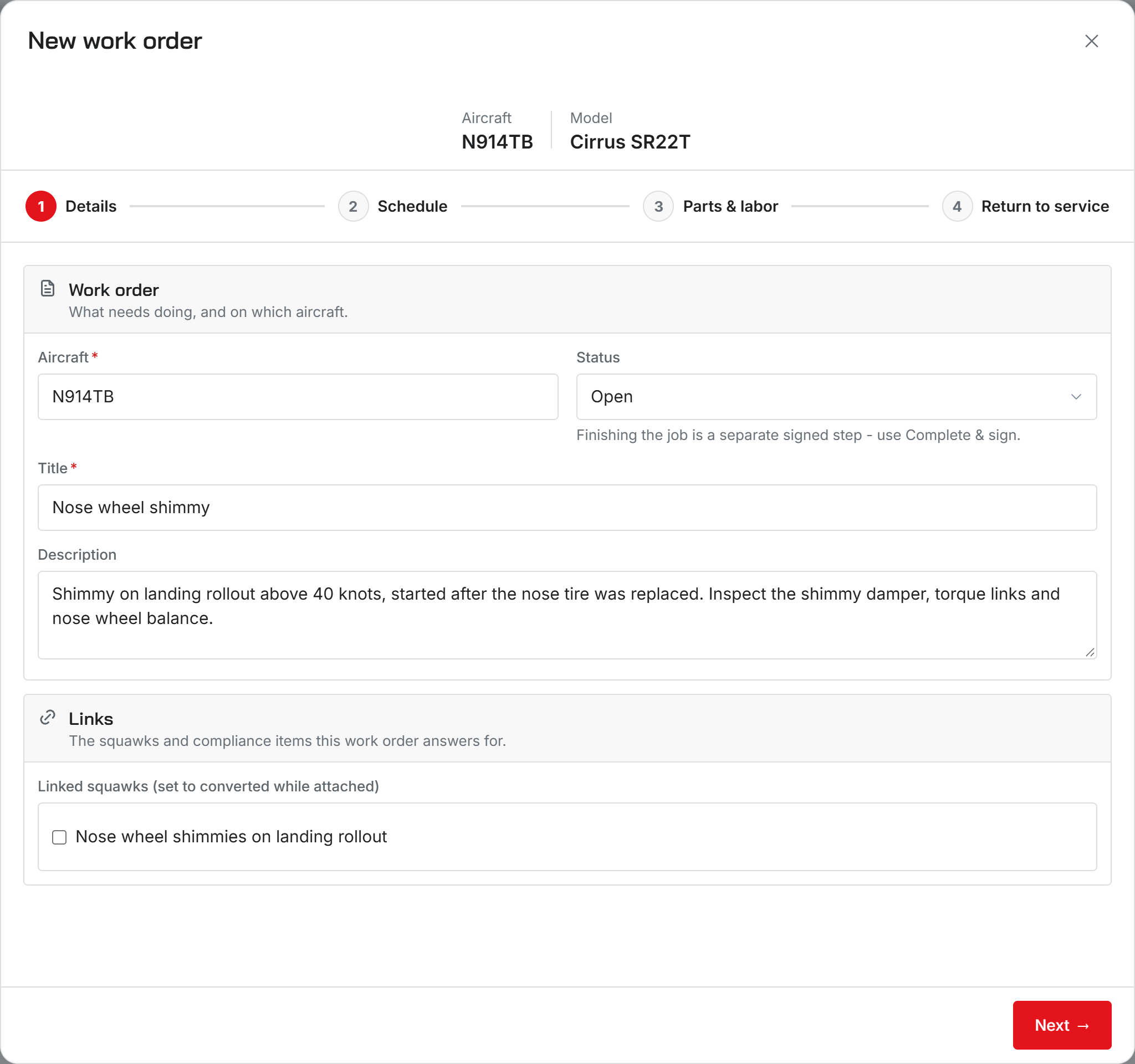 The New work order dialog on the Details step with an aircraft picked, a title, and the step strip across the top
