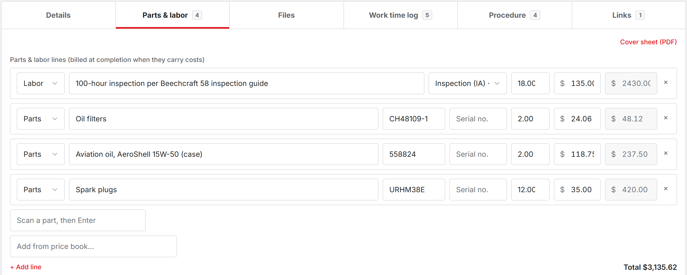 The Parts & labor tab in edit mode with labor and part lines, and the scan field and Add from price book above them