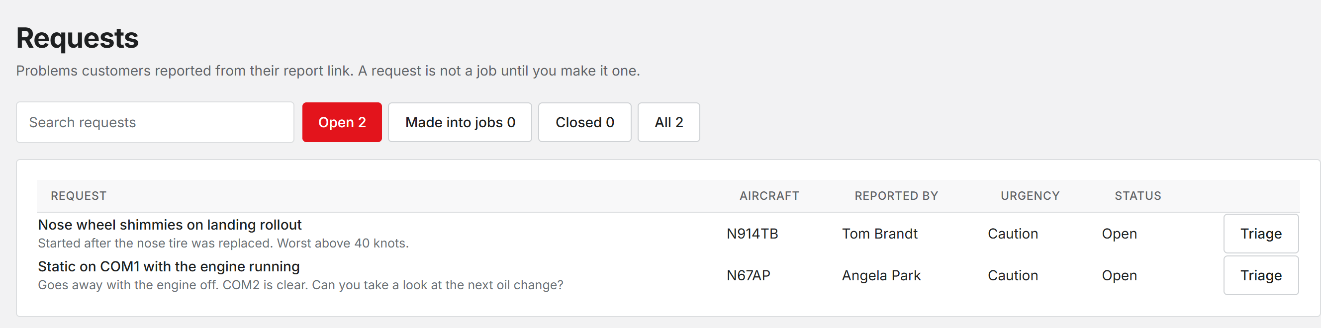 The Requests page with the Open filter selected and rows showing the problem, aircraft, customer, urgency, status, and a Triage button
