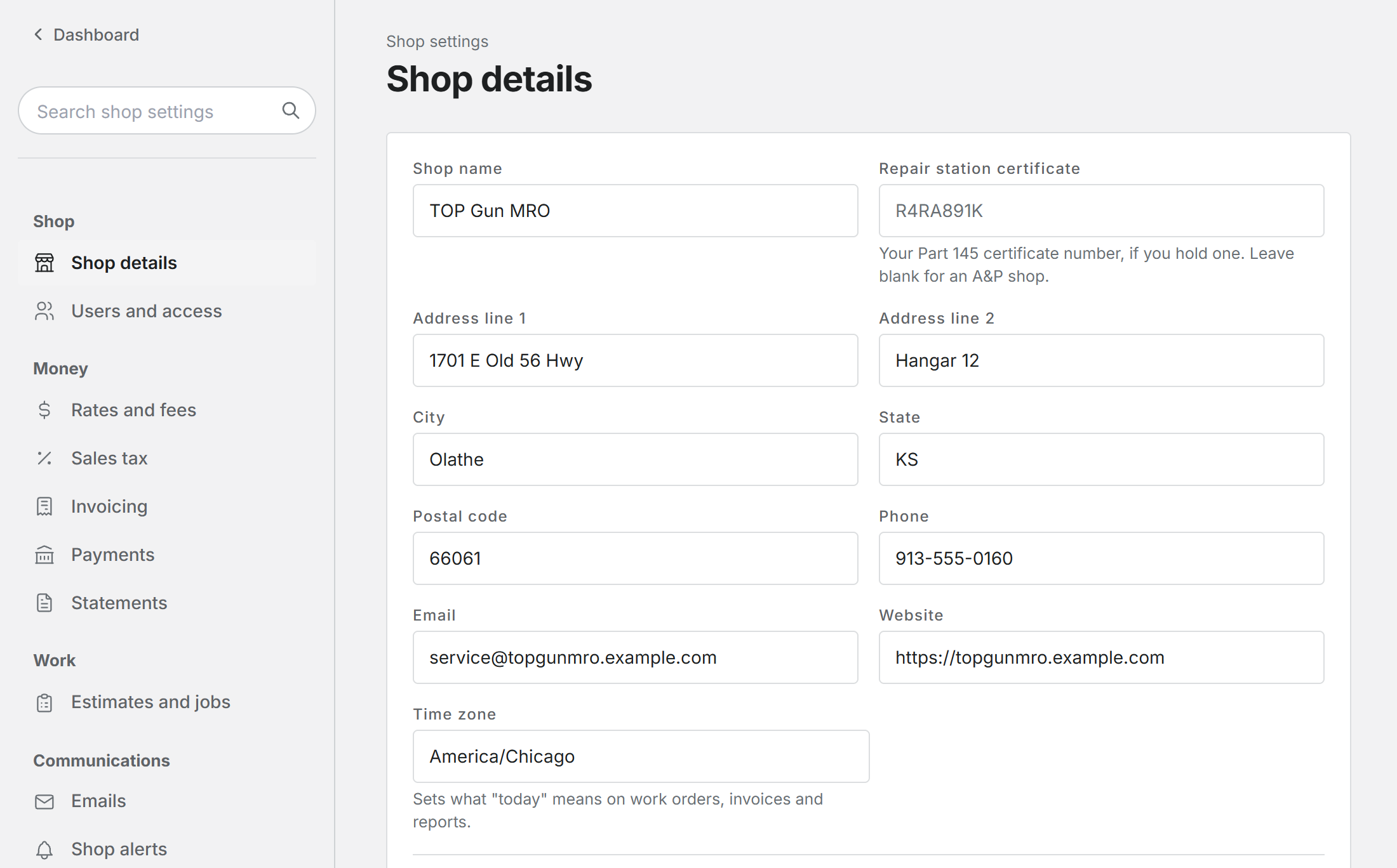 Shop settings open on Shop details, with the section list on the left and the shop name, certificate, and address fields on the right