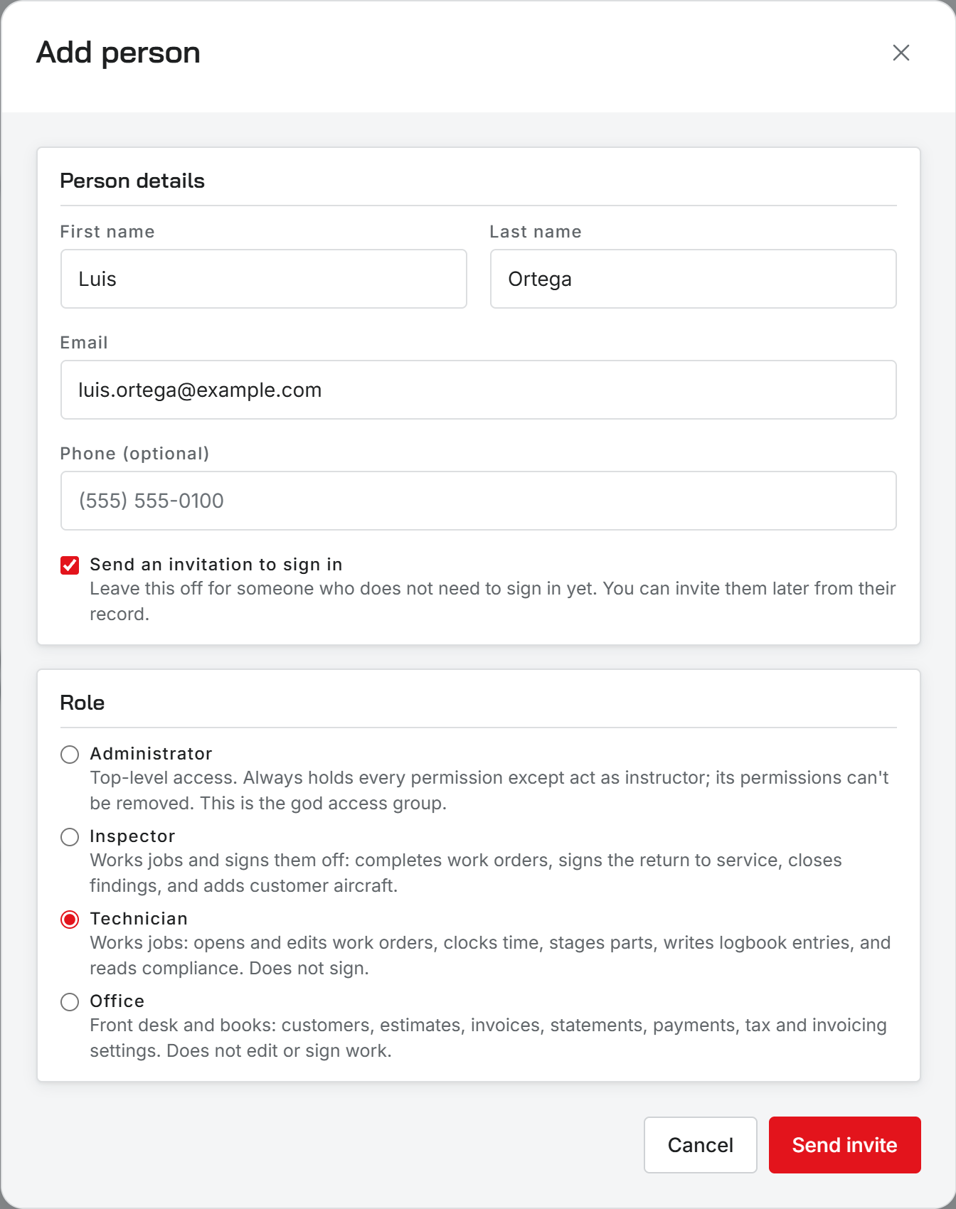The Add person dialog with name and email fields and the four roles listed as radio buttons, Technician selected