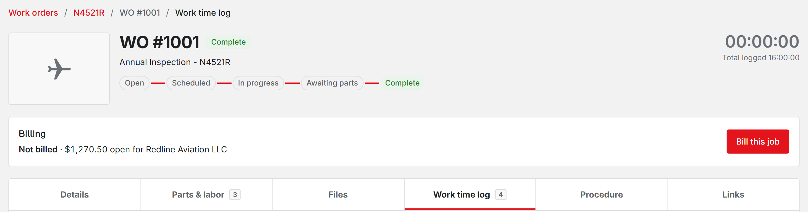 The Billing card on a completed work order reading Not billed with the open amount, customer name, and a Bill this job button