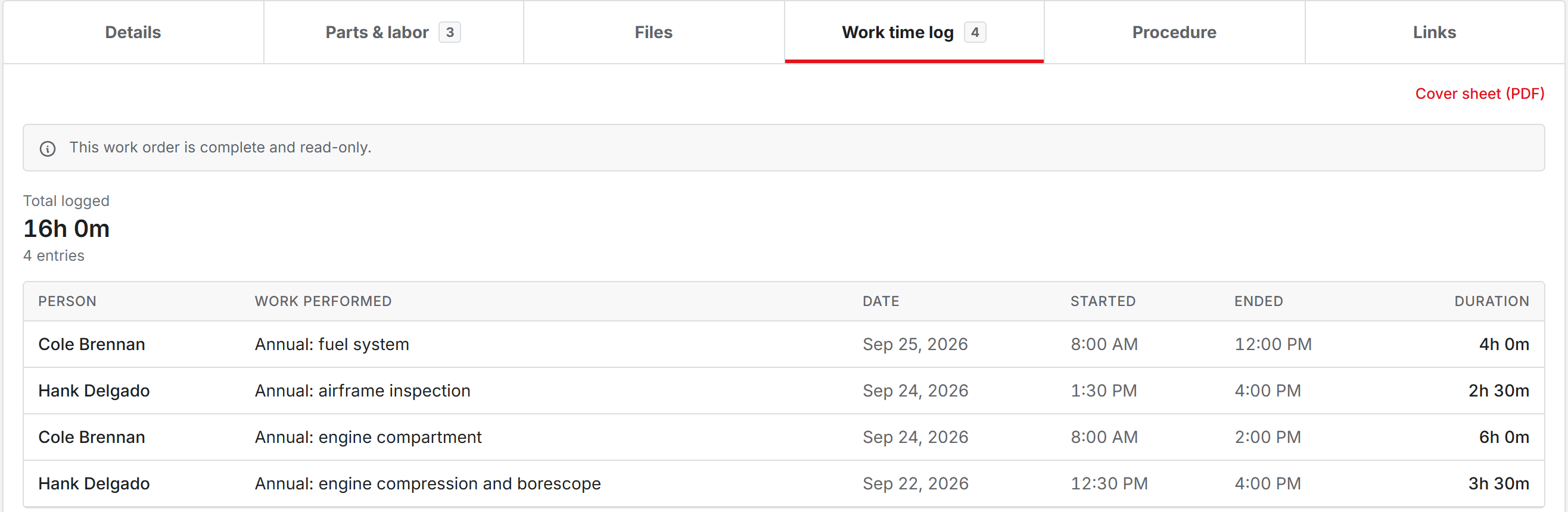 The Work time log tab of a work order listing entries with technician, date, duration, and note, with two technicians on one job