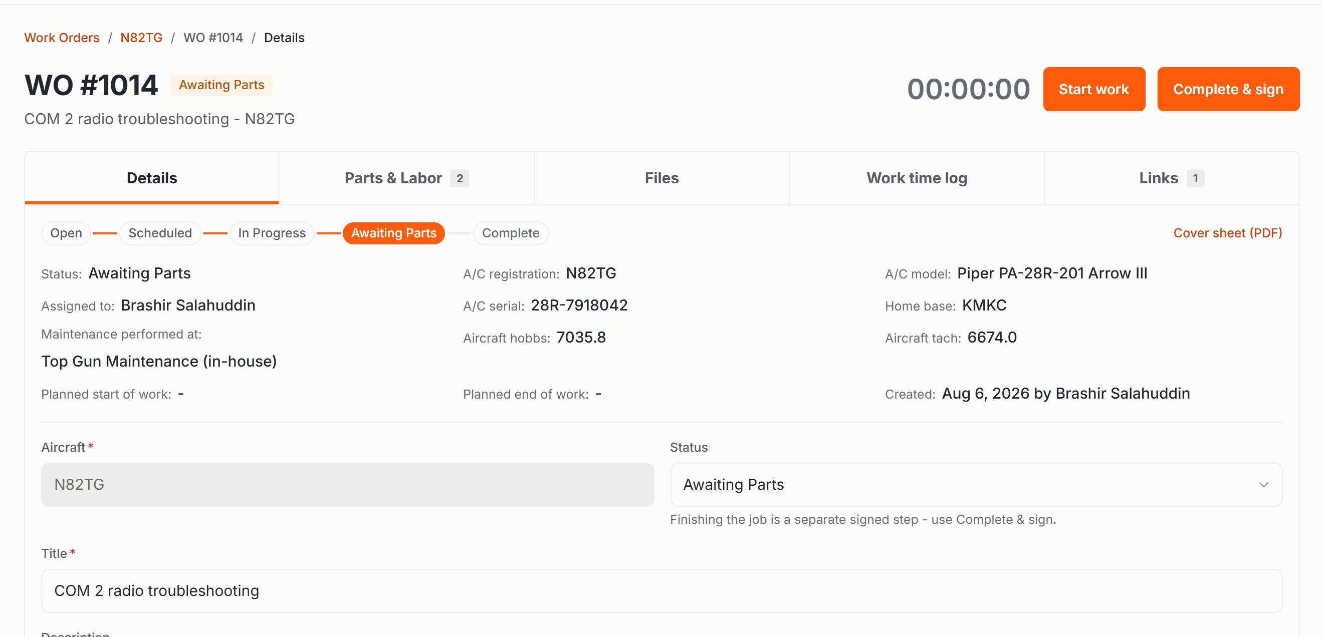 Work order detail page showing the status pipeline, aircraft facts, assignee, and tabs for parts, files, time, and links
