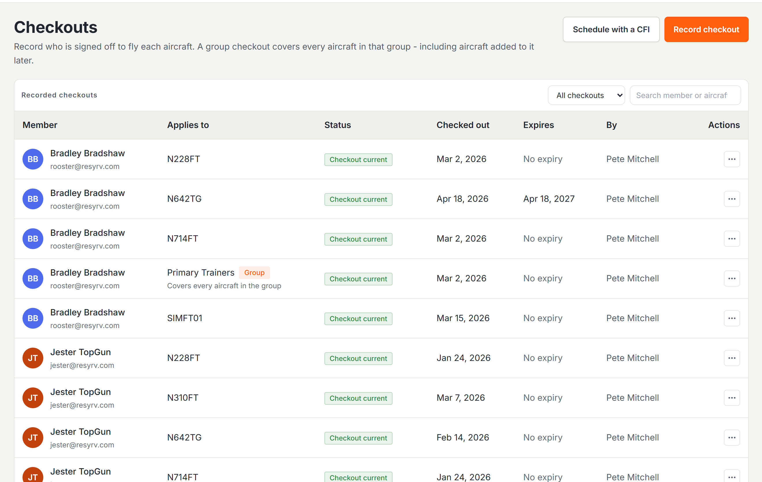 Checkouts page listing member checkouts per aircraft with statuses, dates, and a group checkout row
