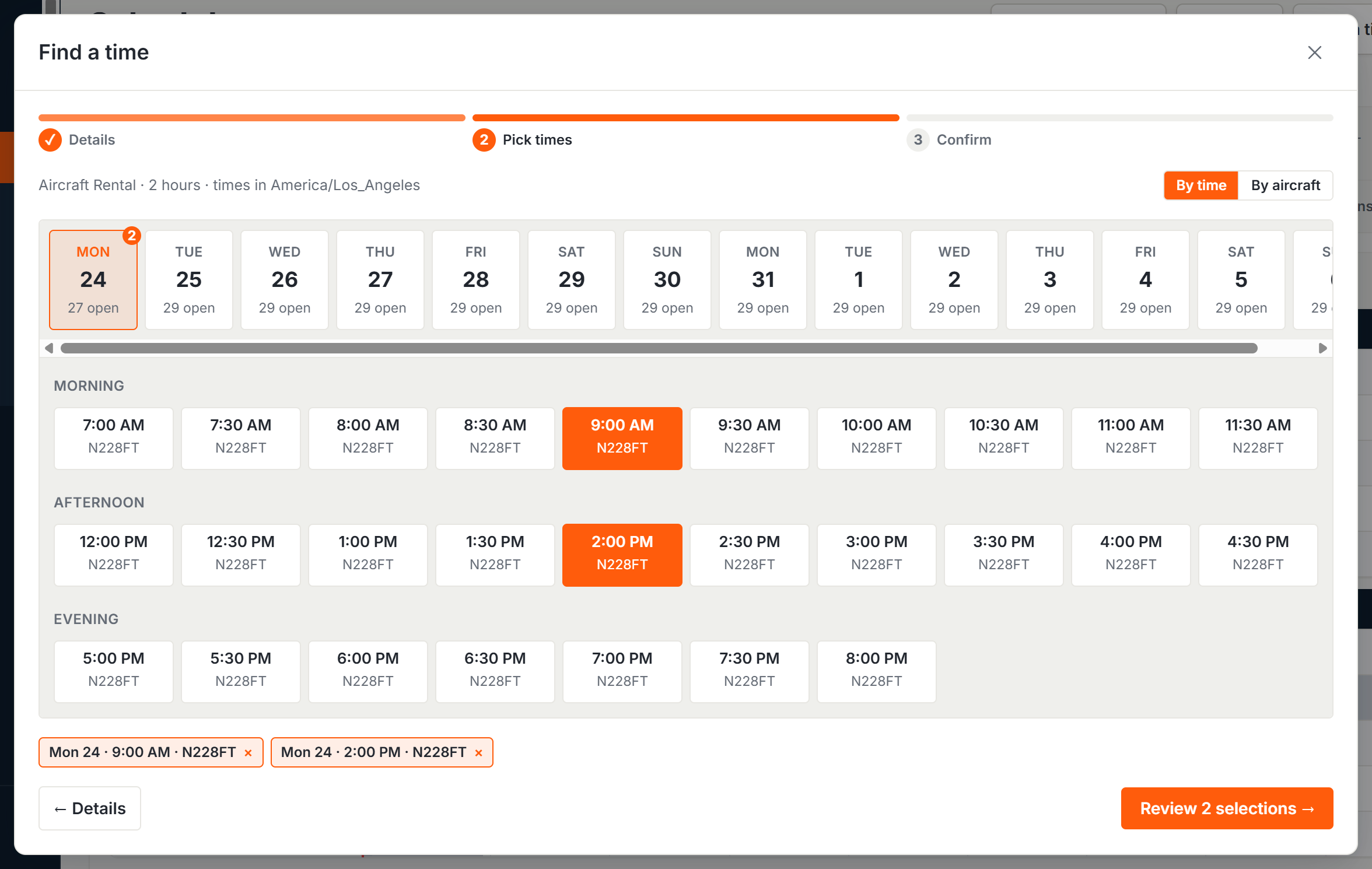 Find a time results with day tabs, morning, afternoon, and evening openings, and two selected slots