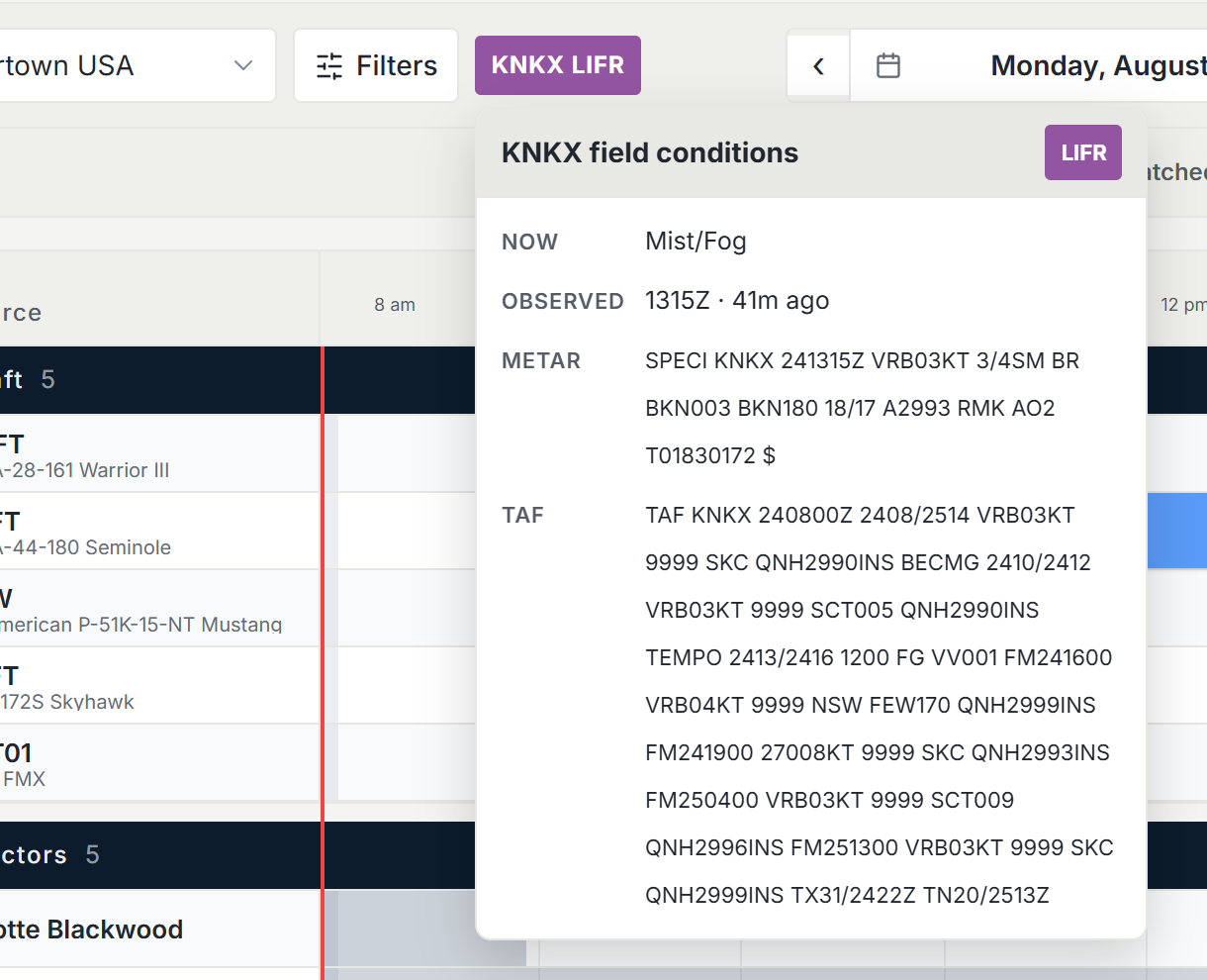 Weather chip on the schedule showing LIFR at KNKX with a hover card of the METAR and TAF