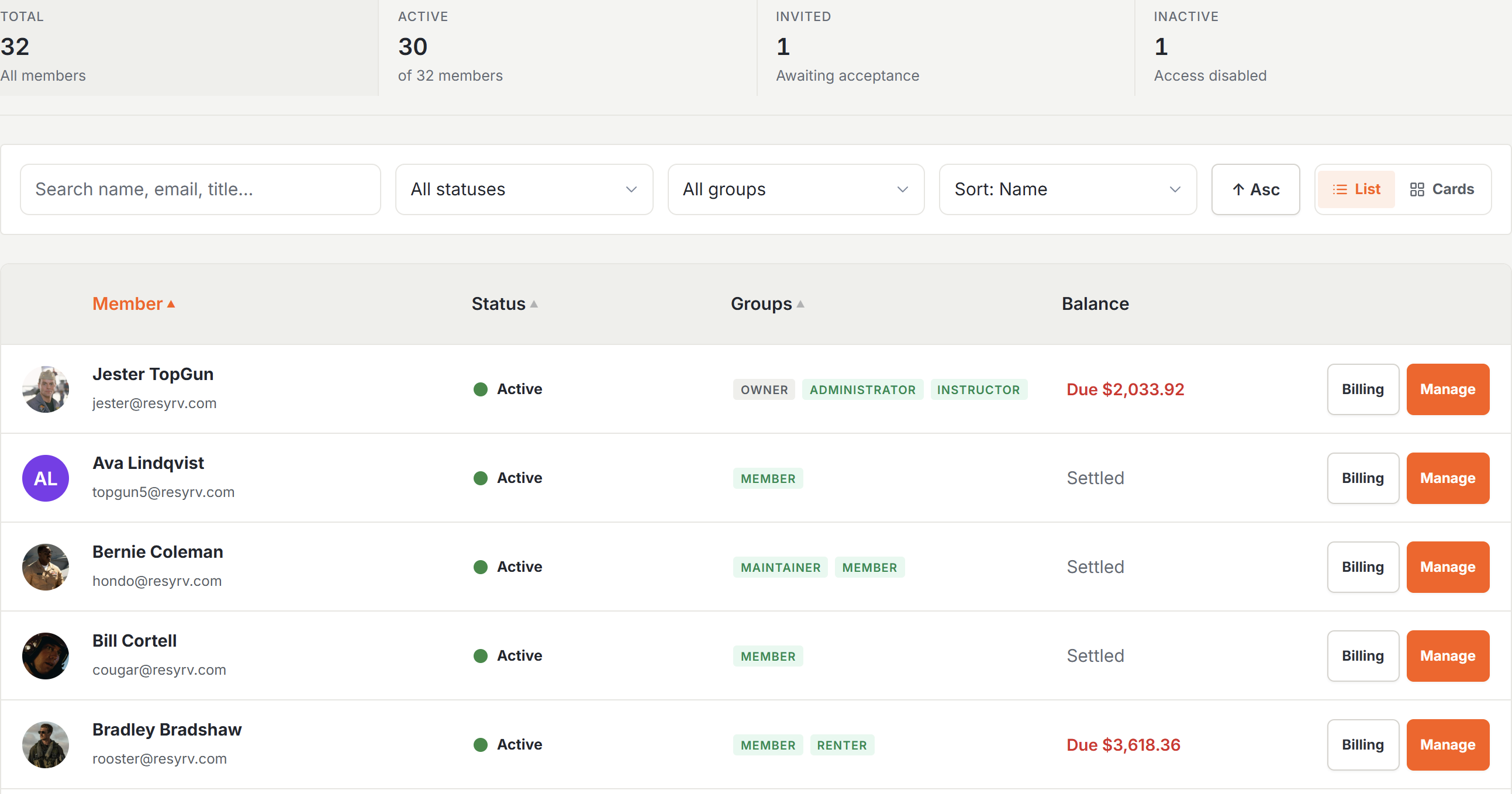 Resyrv members roster with access group chips and member balances