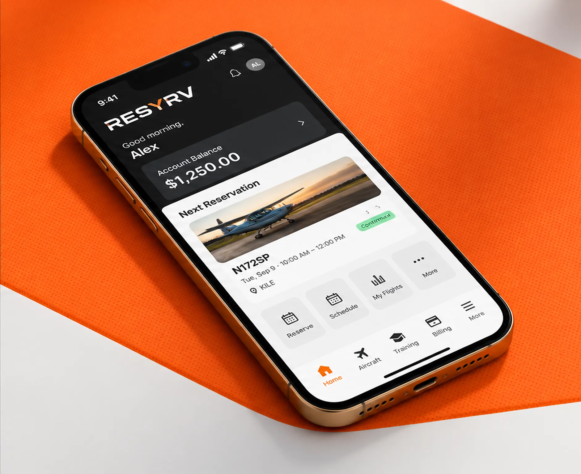 The Resyrv iPhone app showing account balance and the next aircraft reservation