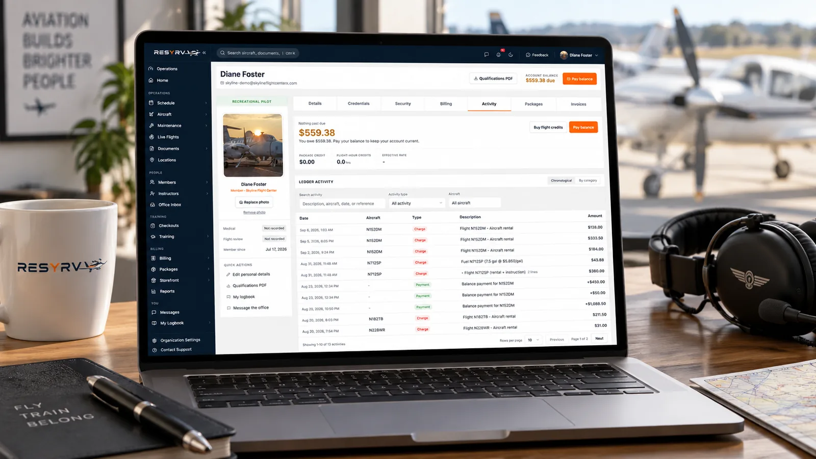 The Resyrv member account page showing a balance due and a ledger of flight charges and payments