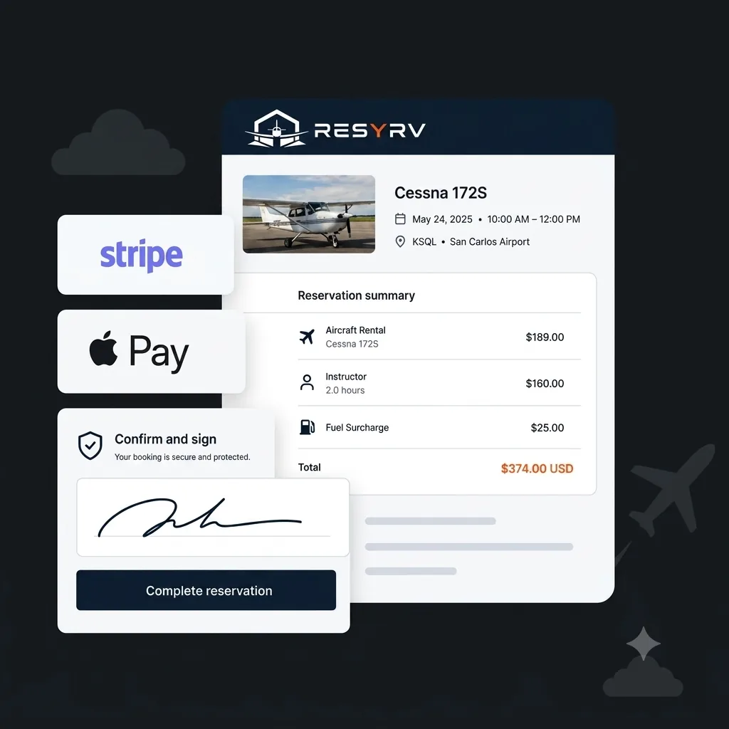 Resyrv checkout showing a reservation summary priced by line item with Stripe and Apple Pay.