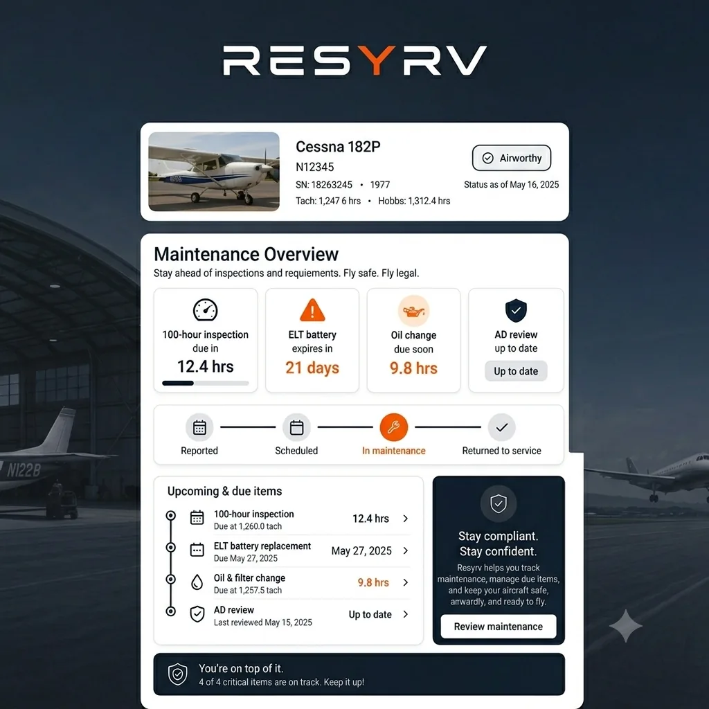 Resyrv maintenance overview counting down a 100-hour inspection, ELT battery, oil change, and AD review.