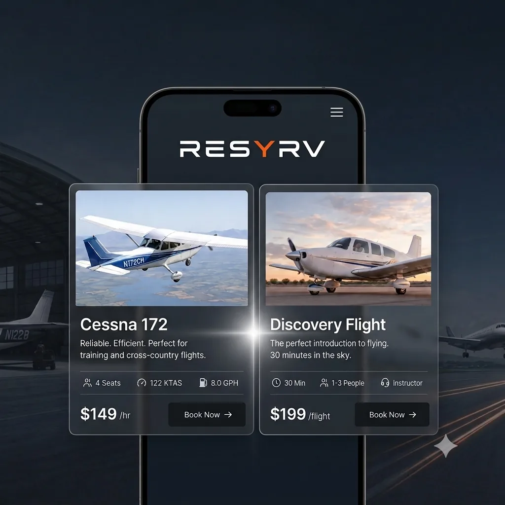 Resyrv booking page showing a Cessna 172 and a discovery flight with rates and Book Now buttons.